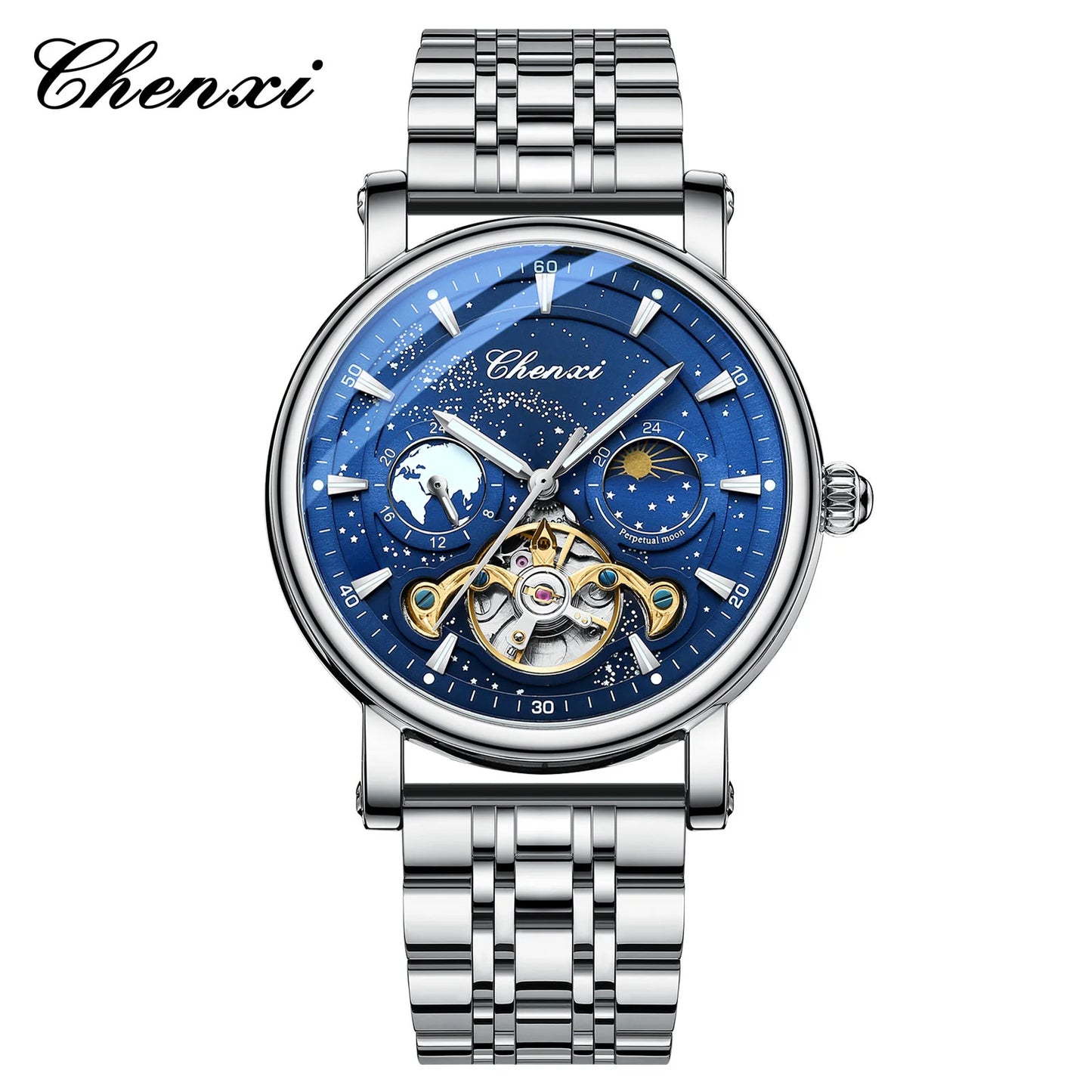 CHENXI 8872 Skeleton Moonphase Mechanical Watch