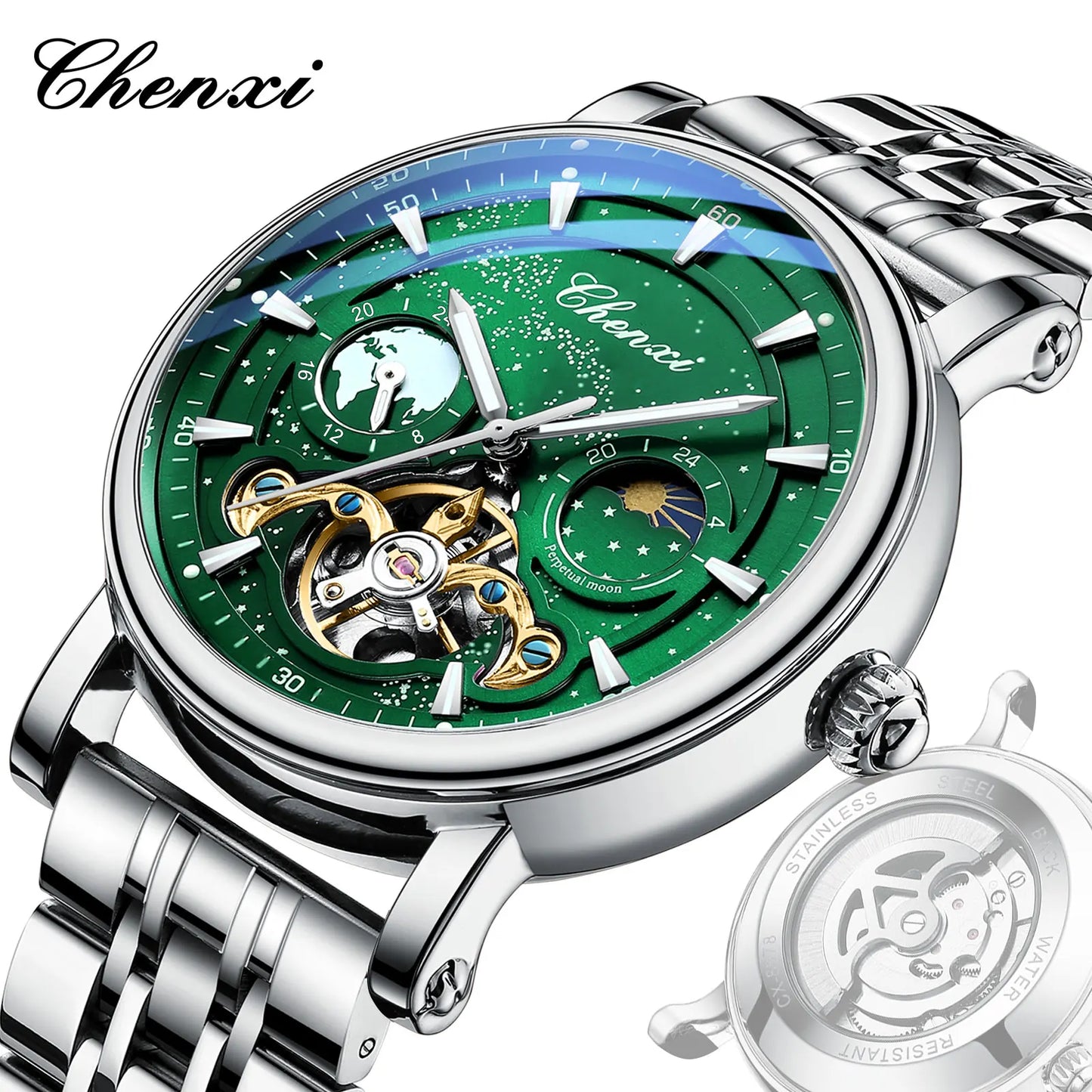 CHENXI 8872 Skeleton Moonphase Mechanical Watch