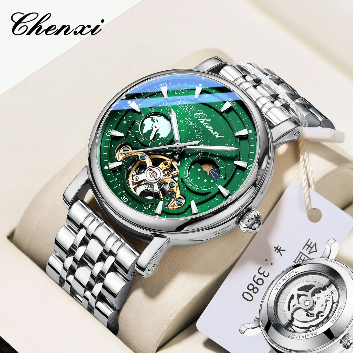CHENXI 8872 Skeleton Moonphase Mechanical Watch