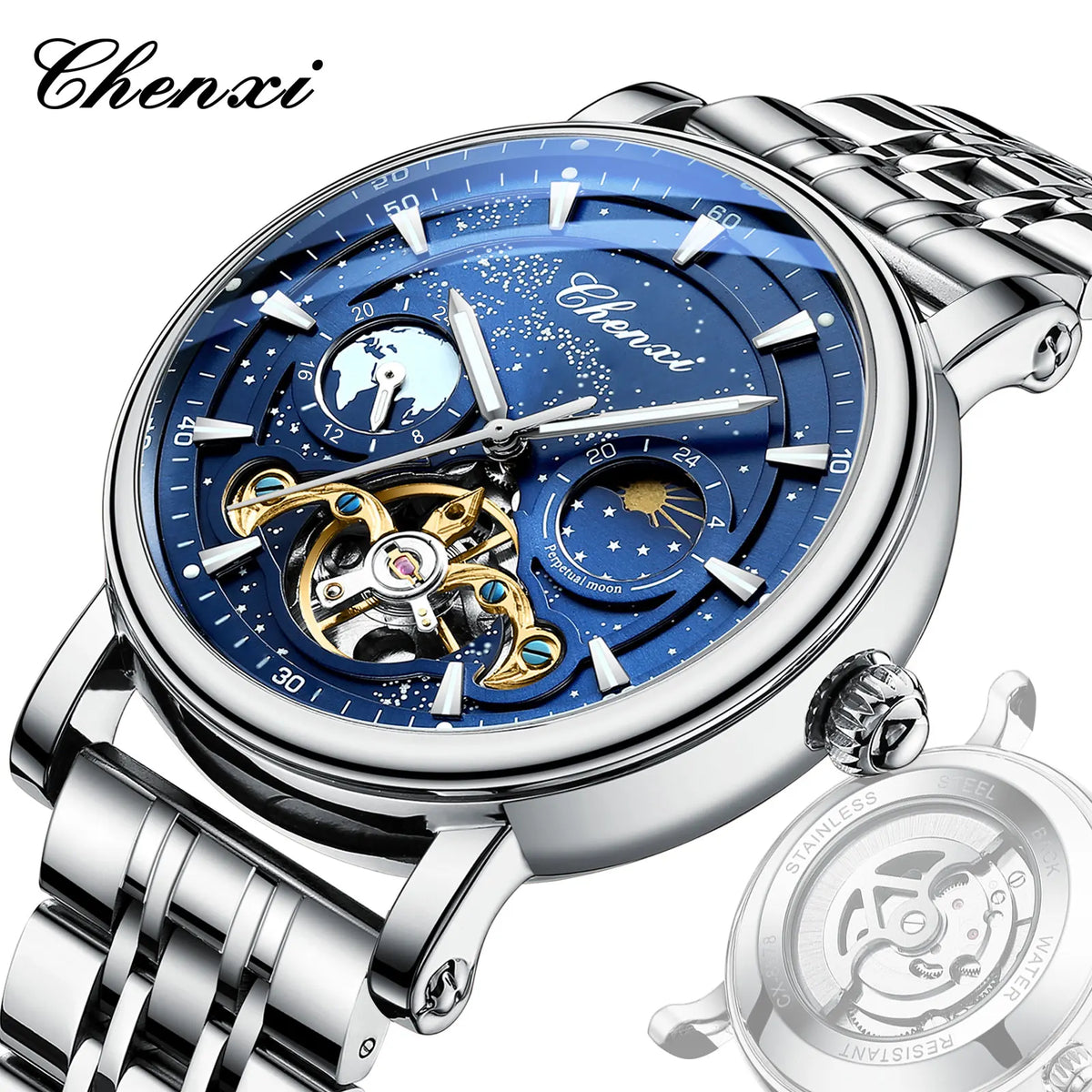 CHENXI 8872 Skeleton Moonphase Mechanical Watch