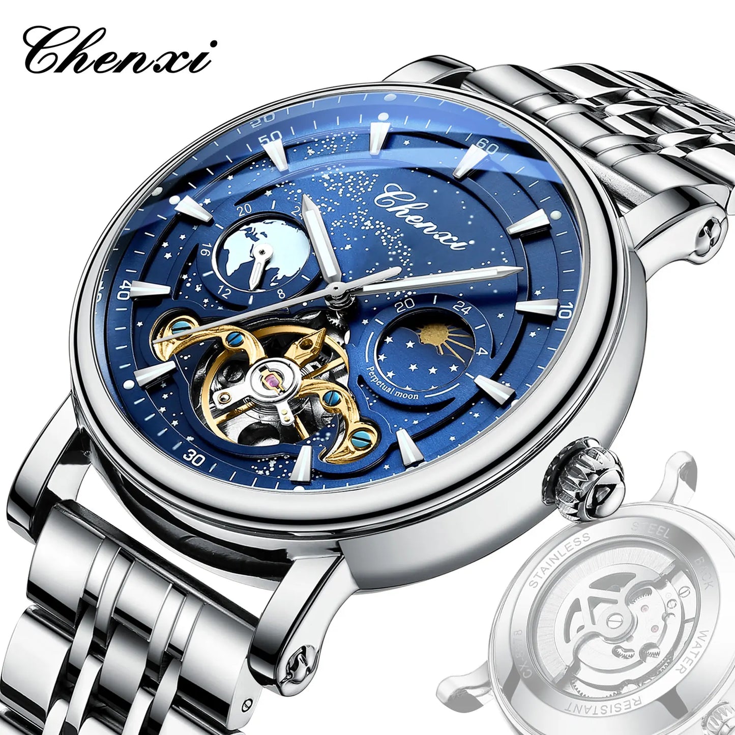 CHENXI 8872 Skeleton Moonphase Mechanical Watch