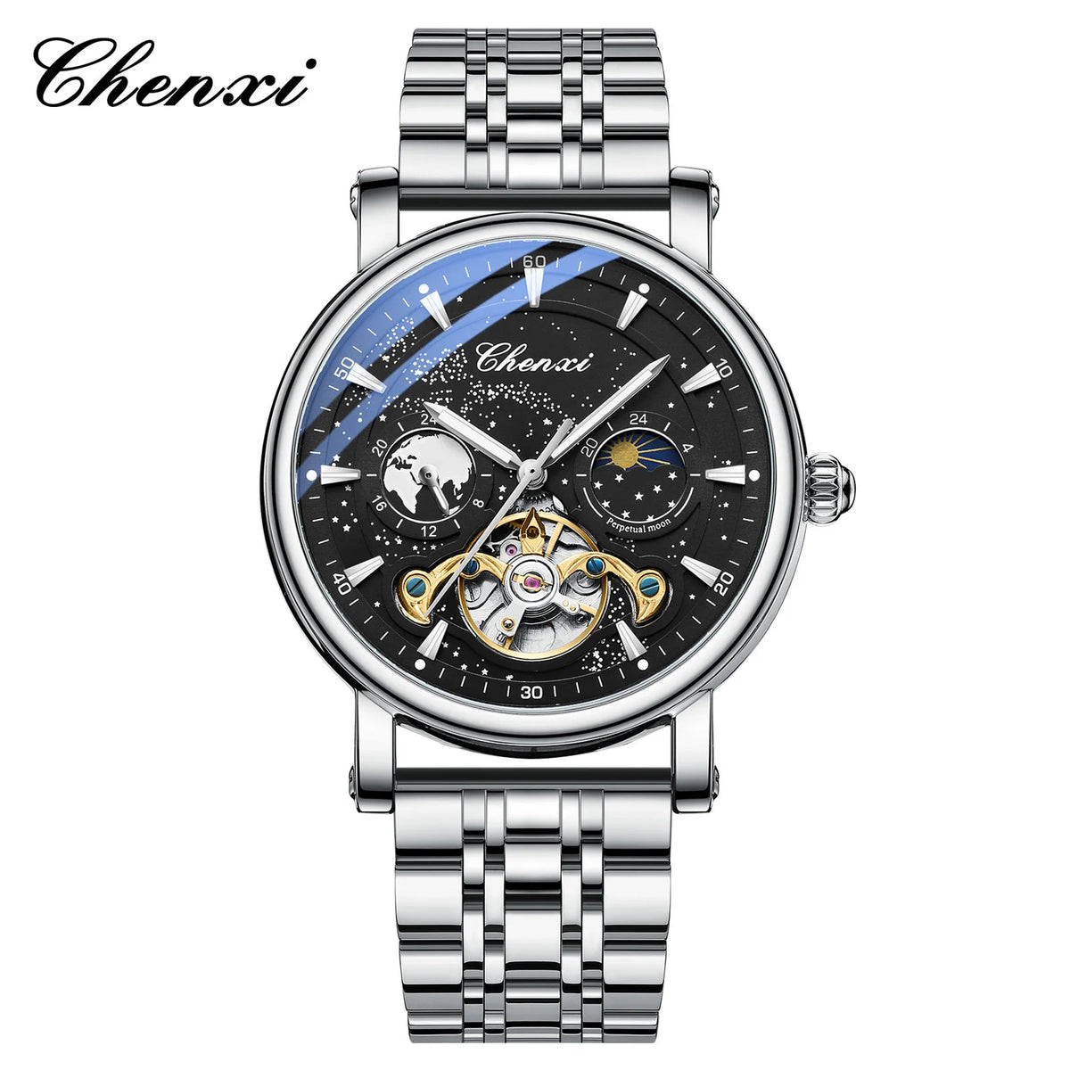 CHENXI 8872 Skeleton Moonphase Mechanical Watch